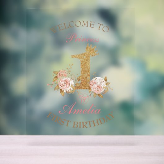 Welkom Roze Gouden Kroon Prinses 1e Verjaardag Tek Acryl Bord (Neutraal)