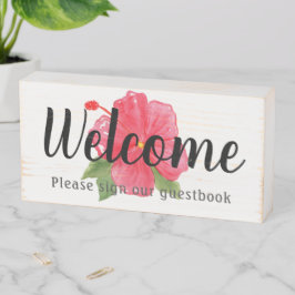 Welkom Roze Hibiscus Guestbook  Houten Kist Print