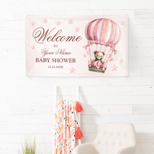 Welkom Roze Knuffel Beer Heet Luchtballon Feest Spandoek (Insitu)
