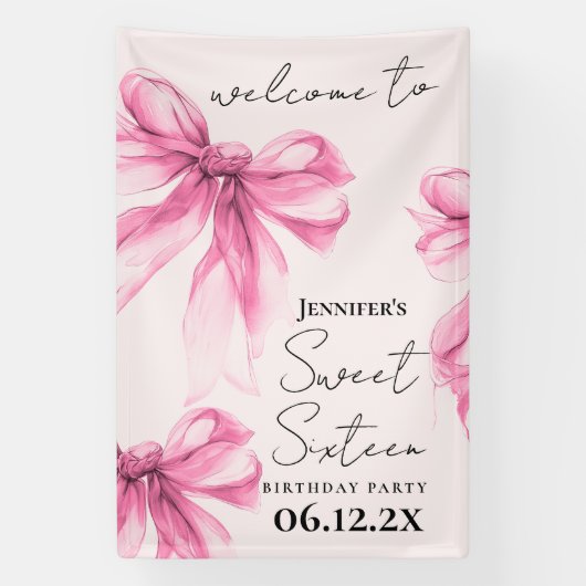 Welkom Roze Strik Coquette Script Sweet 16 Blush Spandoek (Verticaal)