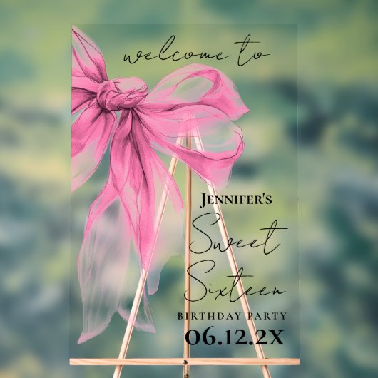 Welkom Roze Strik Coquette Script Sweet 16 Feest Acryl Bord (Neutraal)