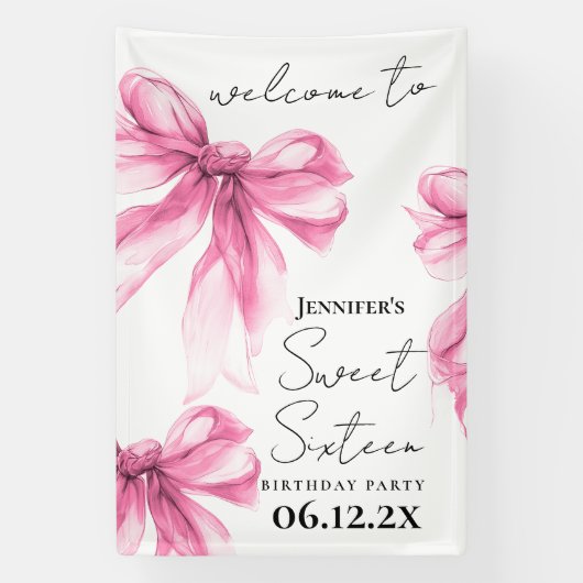 Welkom Roze Strik Coquette Script Sweet 16 Feest Spandoek (Verticaal)