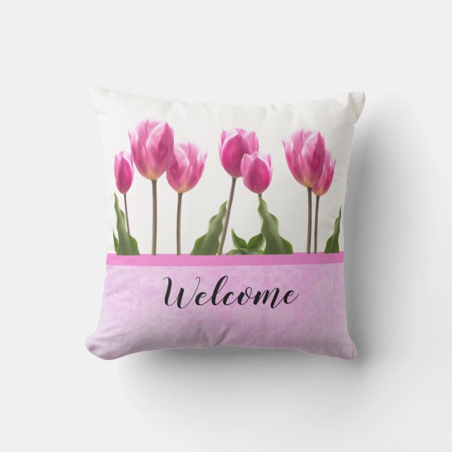 Welkom Roze Tulp Lente Buitenkussen (Voorkant)