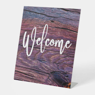 Welkom Rustic Paarse Wood Reclamebord Met Voetstuk