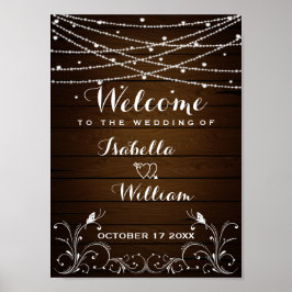 Welkom | Rustic String Lights Hearts Wedding Poster
