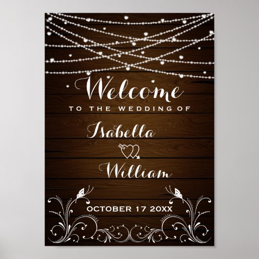 Welkom | Rustic String Lights Hearts Wedding Poster (Voorkant)