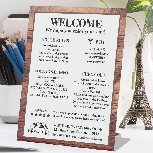 Welkom Rustic Wood Cabin Lodge Rental Property Reclamebord Met Voetstuk