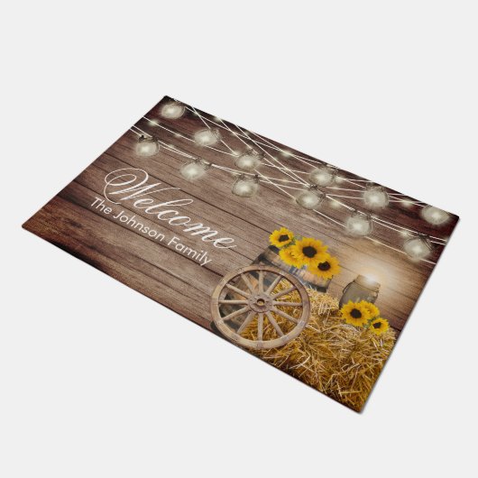Welkom - Rustige houten loop en zonnebloemen Deurmat (Schuin)