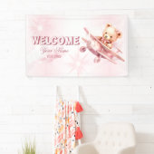 Welkom Schattige Meisje Baby Beer Piloot Roze Vlie Spandoek (Insitu)