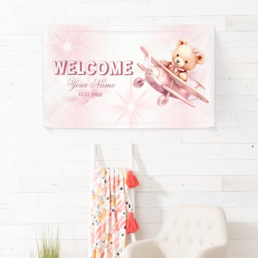 Welkom Schattige Meisje Baby Beer Piloot Roze Vlie Spandoek (Insitu)