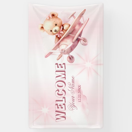 Welkom Schattige Meisje Baby Beer Piloot Roze Vlie Spandoek (Verticaal)