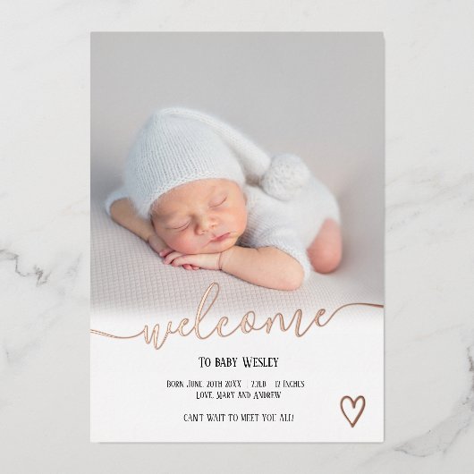 Welkom script baby roos goud folie uitnodiging (Voorkant)