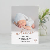Welkom script baby roos goud folie uitnodiging (Staand Voorkant)