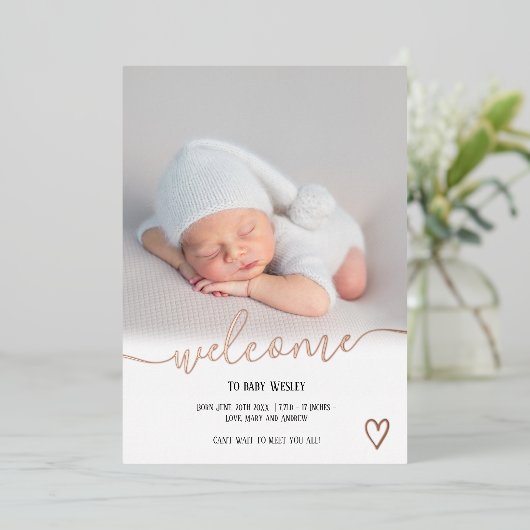 Welkom script baby roos goud folie uitnodiging (Staand Voorkant)