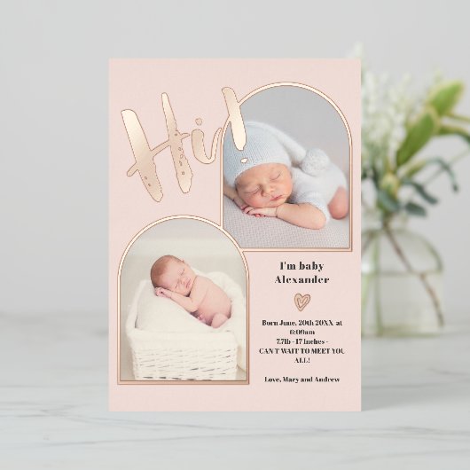 Welkom script baby roos goud folie uitnodiging (Staand Voorkant)