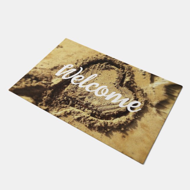 Welkom Script Bold Heart Golden Beach Zand Foto Deurmat (Schuin)