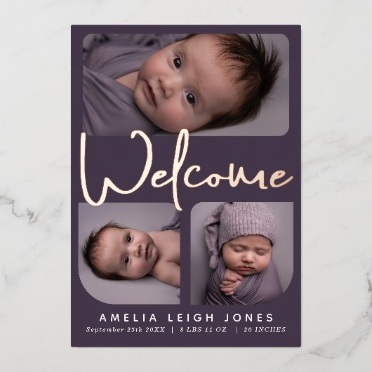 Welkom Script Folie Foto Geboorteaankondiging Folie Uitnodiging (Voorkant)