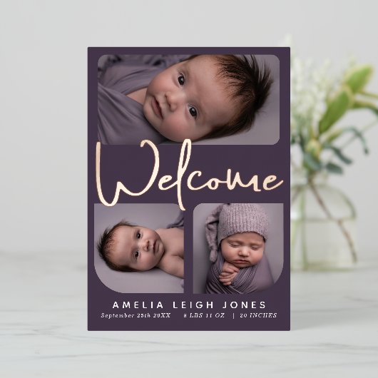 Welkom Script Folie Foto Geboorteaankondiging Folie Uitnodiging (Staand Voorkant)