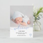 Welkom script foto blauwe jongen baby geboorte aankondiging (Staand voorkant)