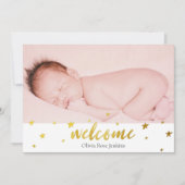 Welkom Script Gold Stars Foto Baby Girl Birth Aankondiging (Voorkant)
