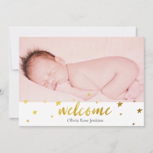 Welkom Script Gold Stars Foto Baby Girl Birth Aankondiging (Voorkant)