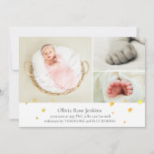 Welkom Script Gold Stars Foto Baby Girl Birth Aankondiging (Achterkant)
