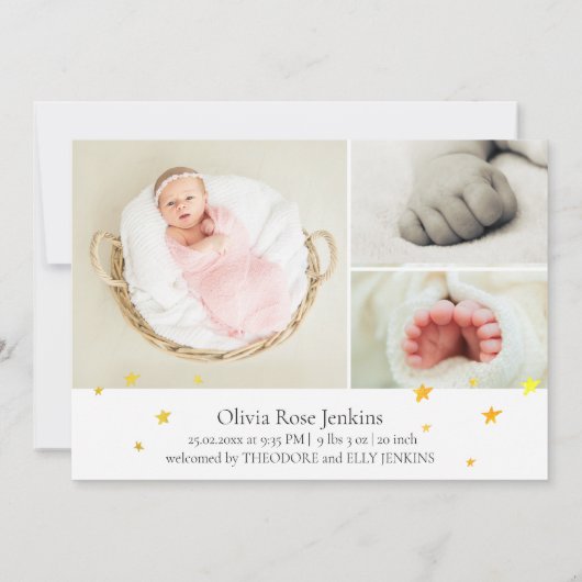 Welkom Script Gold Stars Foto Baby Girl Birth Aankondiging (Achterkant)