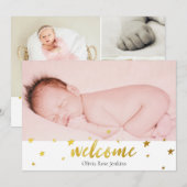 Welkom Script Gold Stars Foto Baby Girl Birth Aankondiging (Voorkant / Achterkant)