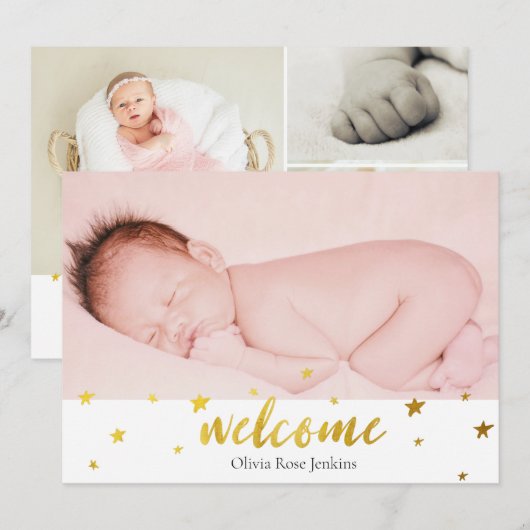 Welkom Script Gold Stars Foto Baby Girl Birth Aankondiging (Voorkant / Achterkant)