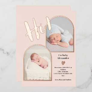 Welkom script hart foto baby geboorte roos goud fo folie uitnodiging