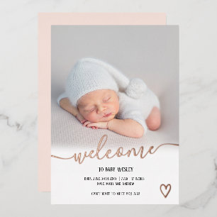 Welkom script hart foto baby geboorte roze goud folie uitnodiging