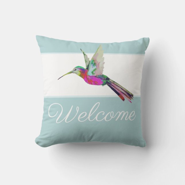 Welkom Script Hummingbird Colorful Waterverf Buitenkussen (Voorkant)