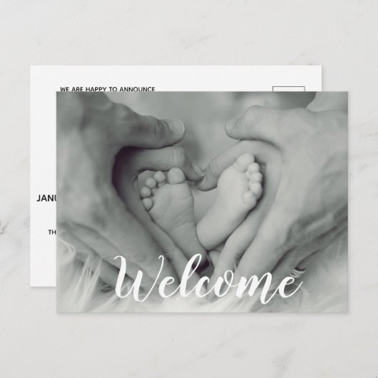 Welkom Script Overlay Photo Baby Newborn Birth Aankondigingskaart (Voorkant / Achterkant)
