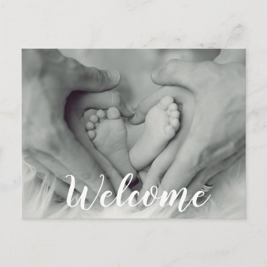 Welkom Script Overlay Photo Baby Newborn Birth Aankondigingskaart (Voorkant)