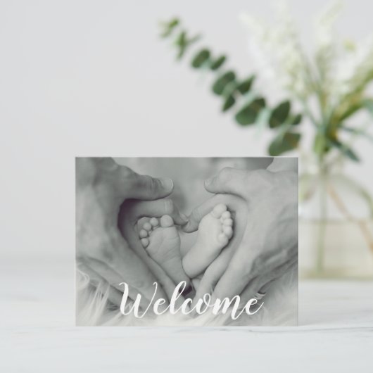 Welkom Script Overlay Photo Baby Newborn Birth Aankondigingskaart (Staand voorkant)