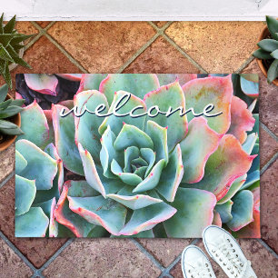 Welkom Script Vet Groen Cactus Close-up Foto Deurmat