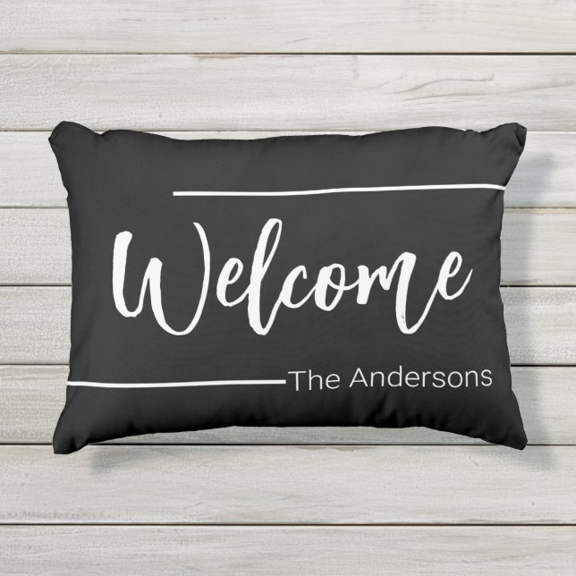 Welkom Script Zwart en Wit Naam Tekst Sjabloon Buitenkussen (Voorkant)