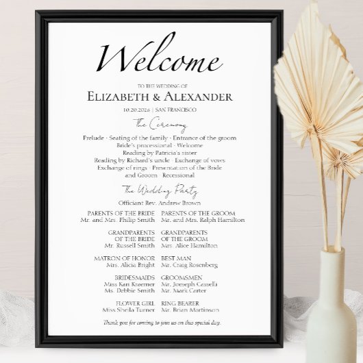 Welkom Script Zwart & Wit Ceremonie Program Sign Poster