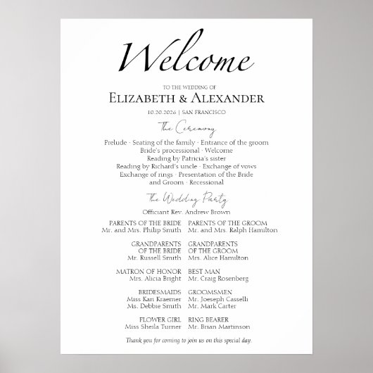 Welkom Script Zwart & Wit Ceremonie Program Sign Poster (Voorkant)