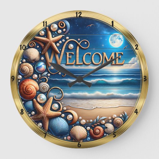 Welkom Seashell Starfish Moonlight Beach Grote Klok (Voorkant)