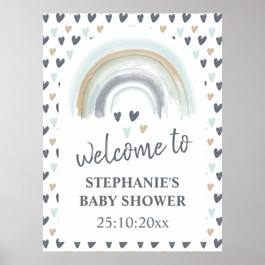 Welkom Sign Baby shower Blue Boho Rainbow Poster (Voorkant)