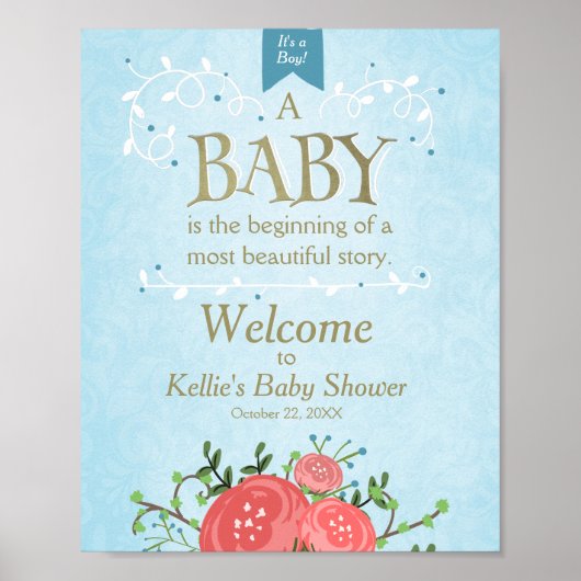 Welkom Sign baby shower Het is een jongen Blue Flo Poster (Voorkant)