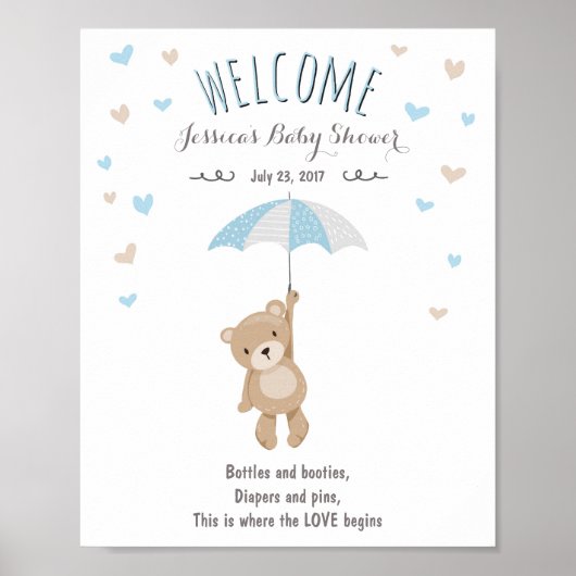 Welkom Sign baby shower Teddy Bear Blue Boy Poster (Voorkant)