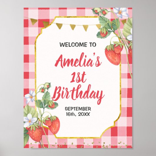 Welkom SIgn Berry Sweet Strawberry 1st Birthday Poster (Voorkant)