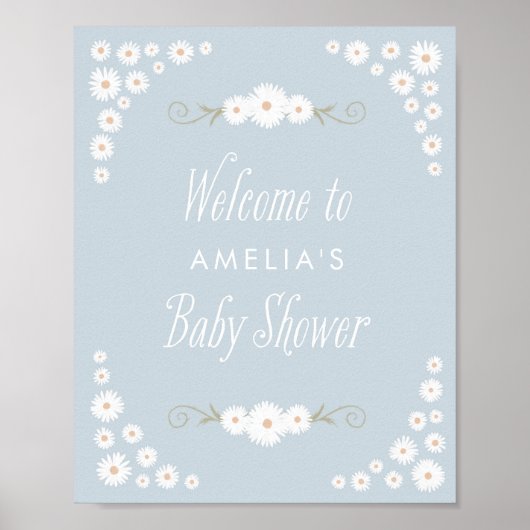 Welkom Sign Blue Boho Daisy Baby shower Poster (Voorkant)
