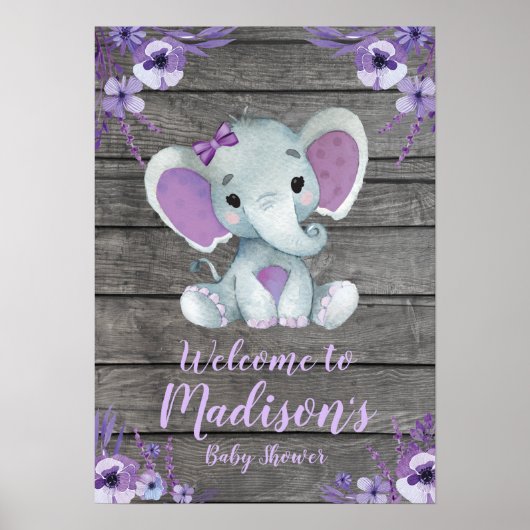 Welkom Sign Poster Elephant Rustic Paars Floral (Voorkant)