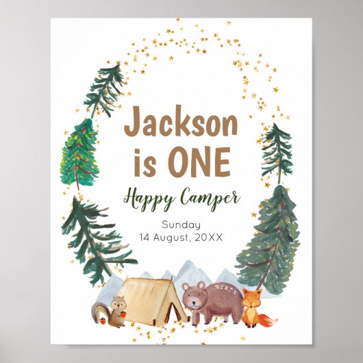 Welkom Sign Waterverf Happy Camper 1st Birthday Poster (Voorkant)