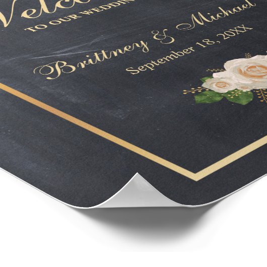 Welkom Sign White Roses Gold Lijst | Weddenschap Poster (Hoek)