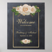 Welkom Sign White Roses Gold Lijst | Weddenschap Poster (Voorkant)