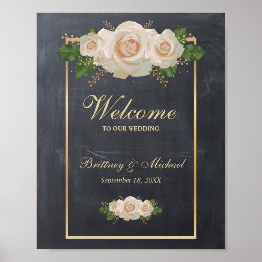 Welkom Sign White Roses Gold Lijst | Weddenschap Poster (Voorkant)